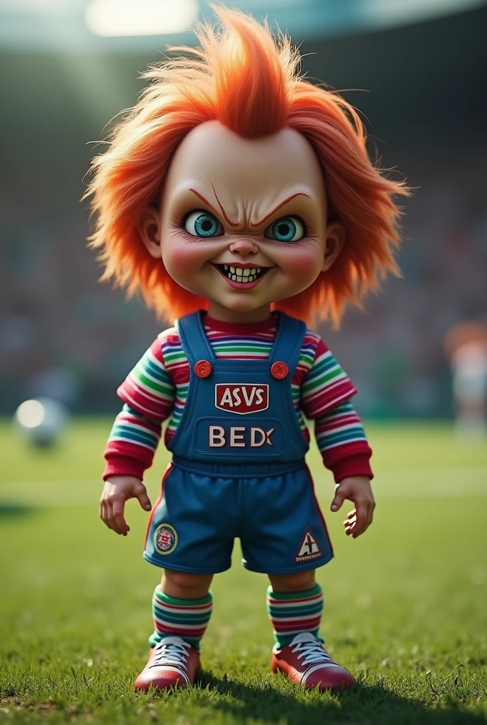 Imagine Chucky the evil doll in a soccer suit