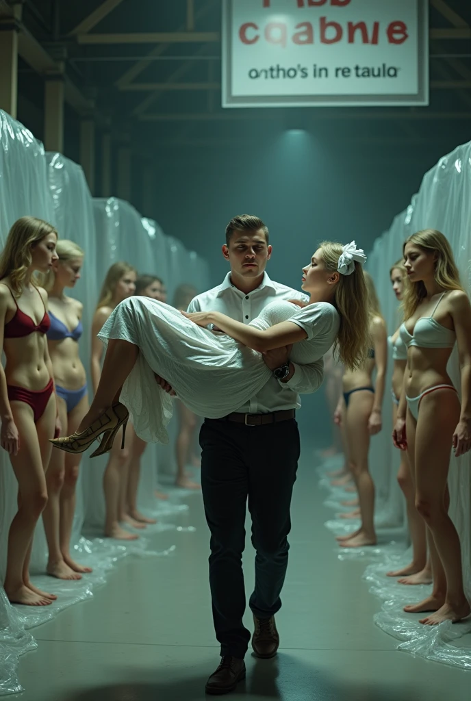 in a warehouse, A man is standing on the ground, carrying and lifting in his arms a beautiful young adult European blonde maid sexy and sleeping woman , Her body is wrapped in plastic and she has a gift bow on her head., The woman's body is stretched out and is on the ground, Full body view, Behind them there are several beautiful European women with different hairstyles in sexy lingerie standing in a row with their eyes closed covered with plastic, There is a sign hanging that says "ROBOT WAREHOUSE", Excellent lighting, hyperrealistic quality image, high resolution