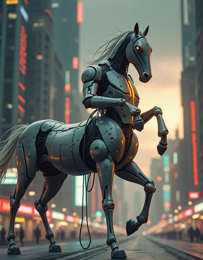 detailed centaur creature, 1 centaur, 3d render, silver armor, cables and wires, neon lights, futuristic city, surreal, cinematic lighting, photorealistic, highly detailed, 8k, best quality, intricate details, mechanical parts, glowing elements, dramatic composition,4k, masterpiece