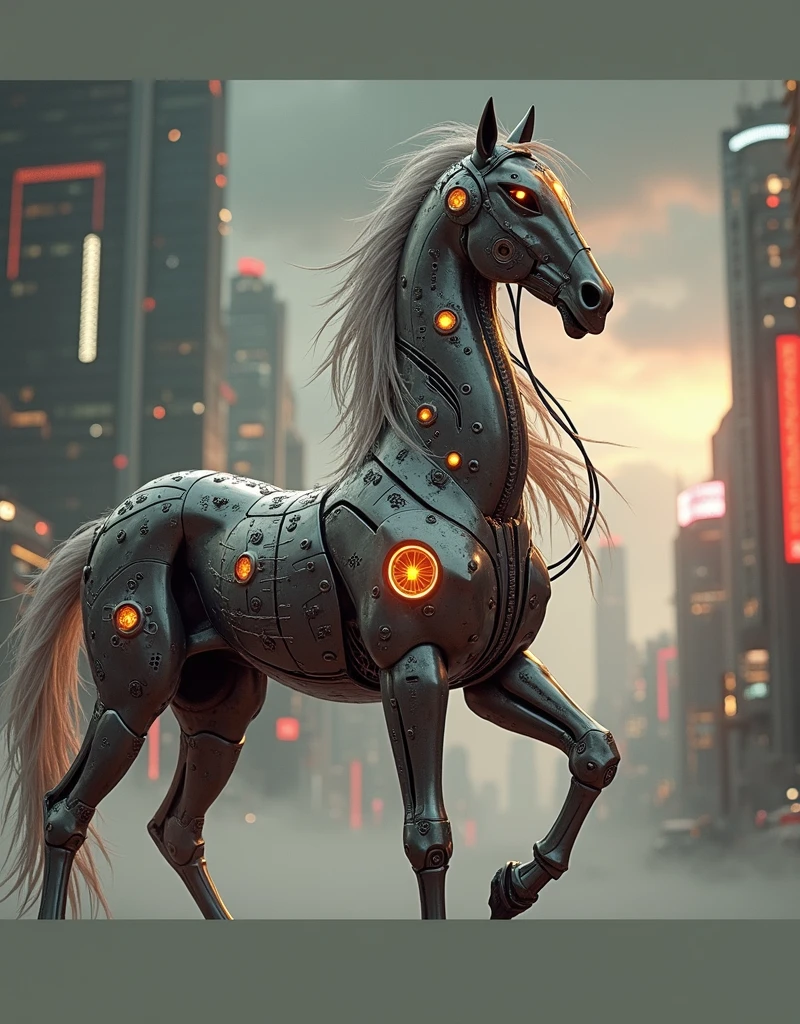 detailed centaur creature, 1 centaur, 3d render, silver armor, cables and wires, neon lights, futuristic city, surreal, cinematic lighting, photorealistic, highly detailed, 8k, best quality, intricate details, mechanical parts, glowing elements, dramatic composition,4k, masterpiece