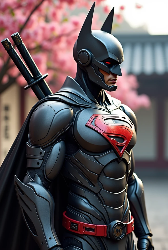 Create a detailed image of a futuristic, robotic superhero inspired by a combination of Batman and Superman. The character should wear a sleek, armored suit with a metallic finish, blending elements of high-tech robotics and classic superhero aesthetics. The chest plate should prominently feature a hybrid emblem combining Superman's iconic "S" symbol with Batman's design elements. The helmet should be aerodynamic, with bat-like ears and a faceplate, showing no human features. The character is adorned with multiple katanas strapped to its back, arranged in a fan-like formation. The background should feature a traditional Japanese setting with cherry blossom trees in full bloom, and a wall covered in elegant kanji calligraphy. The image should exude a balance of modern technology and ancient samurai influence, with a color palette that combines metallic grays, reds, and blacks. The character's cape should be flowing, adding a dynamic element to the scene.