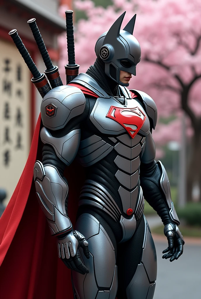 Create a detailed image of a futuristic, robotic superhero inspired by a combination of Batman and Superman. The character should wear a sleek, armored suit with a metallic finish, blending elements of high-tech robotics and classic superhero aesthetics. The chest plate should prominently feature a hybrid emblem combining Superman's iconic "S" symbol with Batman's design elements. The helmet should be aerodynamic, with bat-like ears and a faceplate, showing no human features. The character is adorned with multiple katanas strapped to its back, arranged in a fan-like formation. The background should feature a traditional Japanese setting with cherry blossom trees in full bloom, and a wall covered in elegant kanji calligraphy. The image should exude a balance of modern technology and ancient samurai influence, with a color palette that combines metallic grays, reds, and blacks. The character's cape should be flowing, adding a dynamic element to the scene.