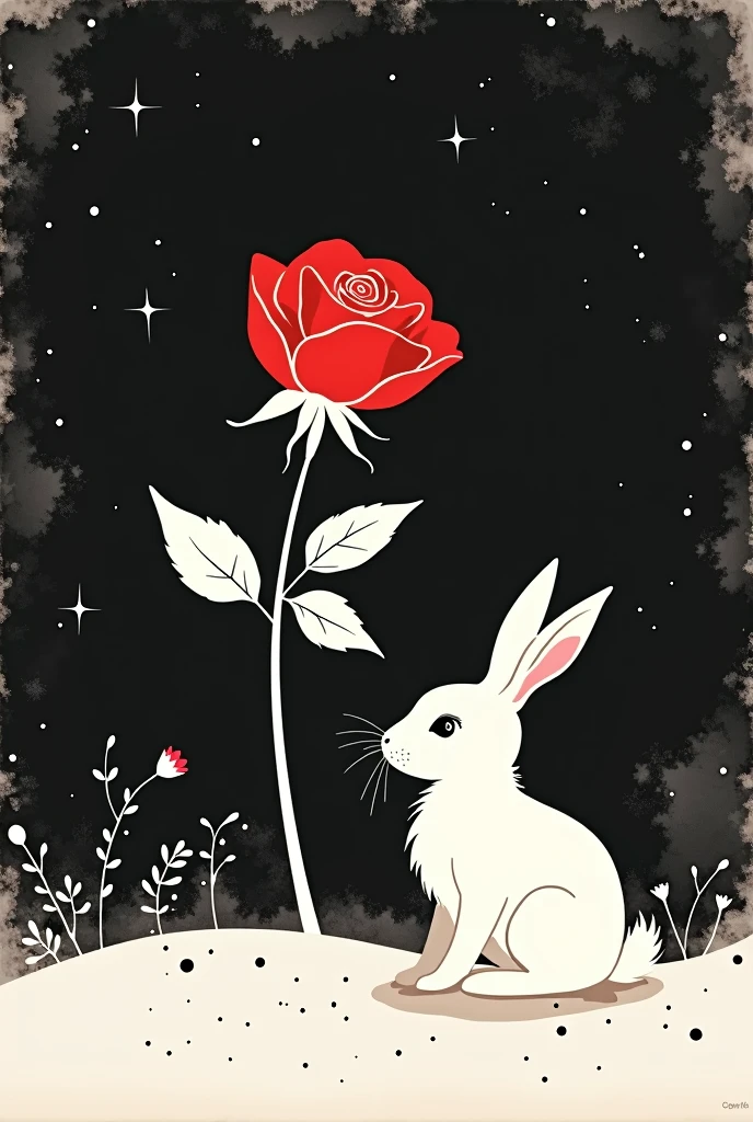 A minimalist silhouette design of a rose and a rabbit in a black and white gradient background. 

The rose should be a classic, elegant rose with a long stem and delicate petals. The rabbit should be a cute and fluffy rabbit with long ears. 

The silhouette should be sharp and clean, with a slight blur effect to create a dreamy atmosphere. The background should be a gradient from black to white, with a subtle texture to add depth.

Please make the design elegant and romantic, with a touch of vintage charm. 

For example, the rose could be a classic red rose with a long stem and delicate petals. The rabbit could be a fluffy white rabbit with long ears and a playful expression. The background could be a gradient from black to white, with a subtle texture like a starry night sky. 