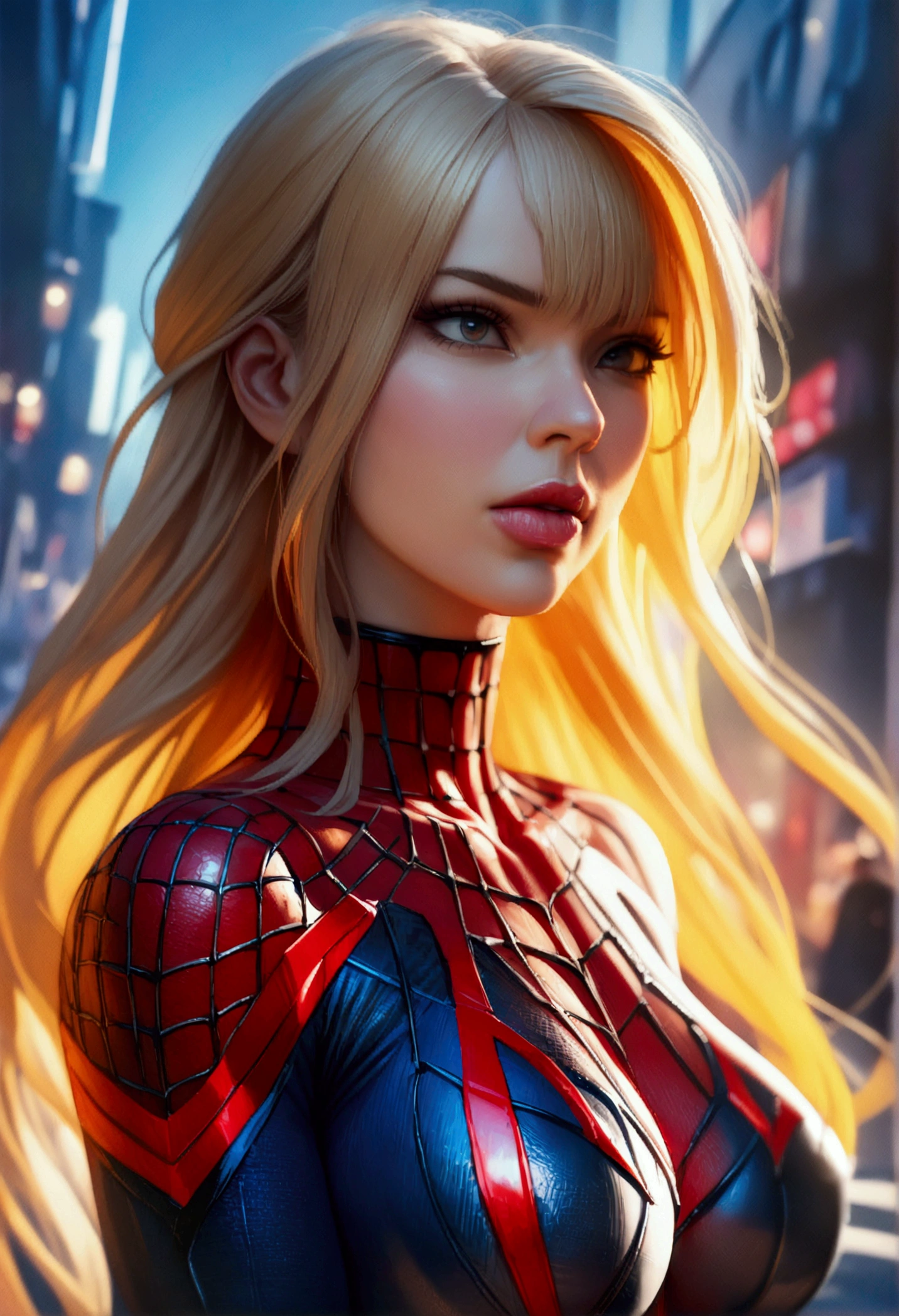 a beautiful woman with long blonde hair wearing a tight latex bodysuit, a sadistic expression on her face, and an enormous futanari penis between her legs, masterpiece, highly detailed, photorealistic, 8k, sharp focus, vibrant colors, dramatic lighting, cinematic composition, surreal and erotic atmosphere, Gwen Stacy from spider man miles morales.