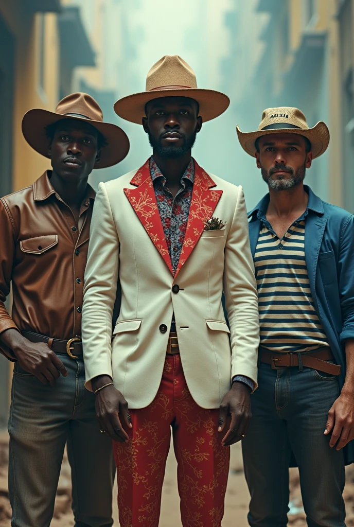 A man in a white and red suit and hat with a candomblé ialorixá.
A cowboy man in a leather hat and a sailor man in a blue and white striped shirt with a cap.