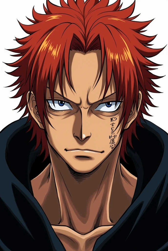 Shanks from the anime One Piece, high quality, red hair, scars on the eyes, black cloak