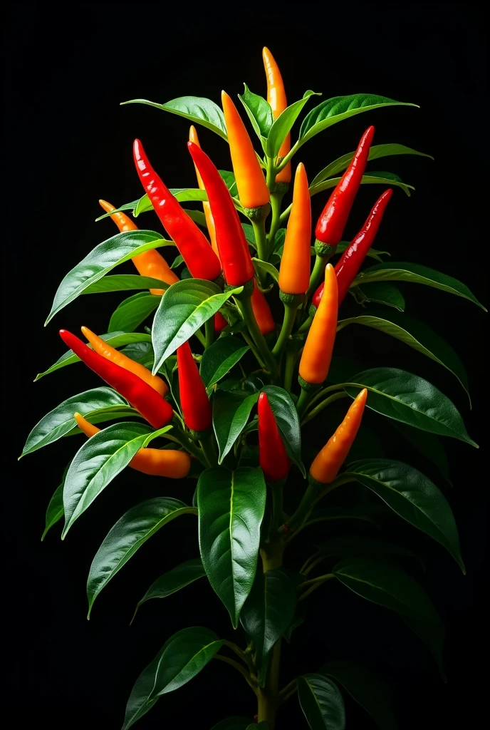 Create an image of a chili plant, with lots of chili peppers so that the background is black, like a professional photo