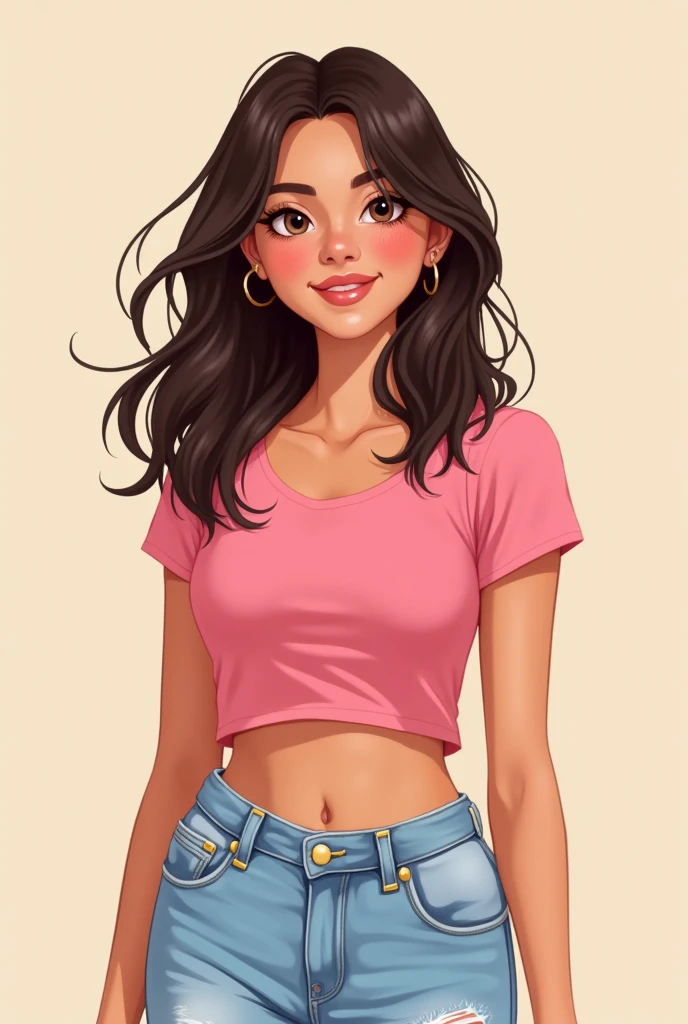 Please illustrate for me an 1 ager with dark brown hair and dark brown eyes wearing a pink crop top and light blue jeans who looks happy and has a kind and artistic personality.