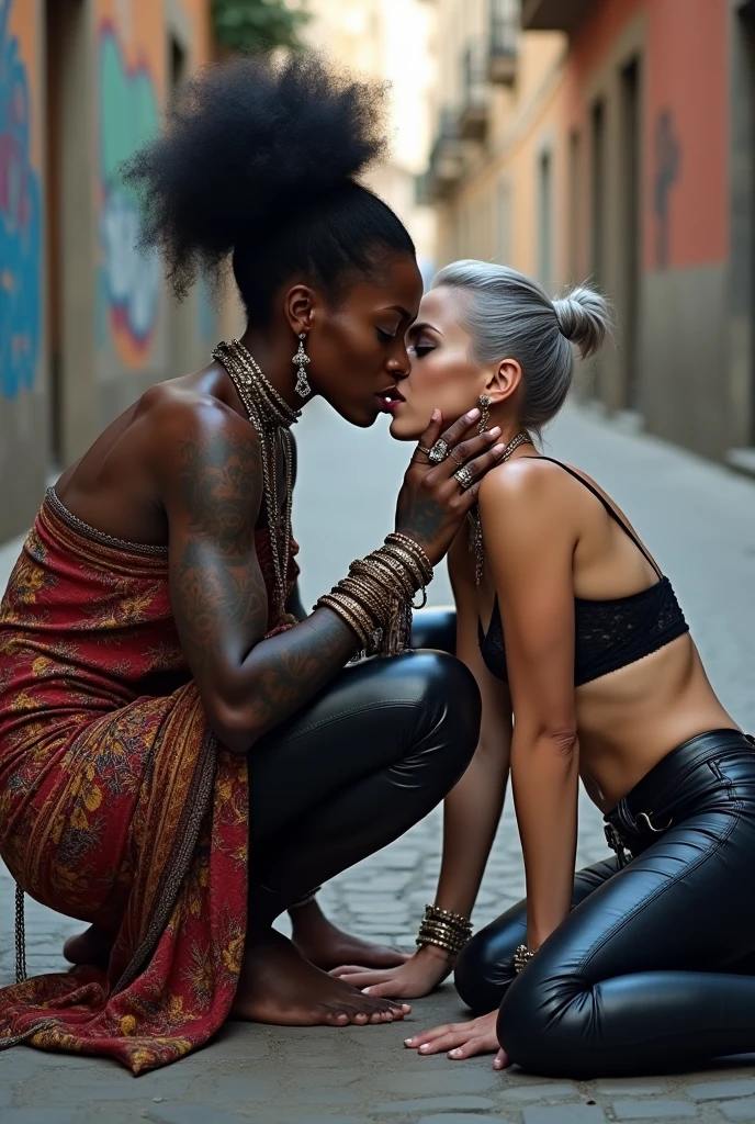 Three russian old  milf women: the strong, muscular , dominant dark skinned gipsy woman (black afro, long african traditional colourful tunic, barefoot), squatting with possessive stance (arms around her two girlfriends' necks). At her feet, lying on the ground,her two caucasian girlfriends groping and kissing each other,  weak, light grey hair, submissive and needy, feeling defeated and needy, in laid back postures  with hands touching their thongs or their necks or chest, looking at each other with open mouths, arched back,  different clothes but all wearing clothes in rock chic style. grey hair (bouffant, top bun, shaved sides). Big lips.  Black lace push up bras, silicone breasts,, low rise skinny leather jeans. Both Barefoot.. Lots of thick wide studded bracelets, chain necklaces and big rings,. Long earrings with chains and feathers. Chains around their hips. Lounging lazily on the ground with bended knees, separated legs and arched backs. Lazy, leaning back, laid back pose, separated legs. Neck tattoed,  chest tattoed, stomach tattoed, feet, hands, arms and wrists heavily tattoed.  Toned abdominals, thin neck, slim legs and thin arms. Narrow hips. Both, open legs. Full body. At a Madrid narrow street with graffitied walls. 