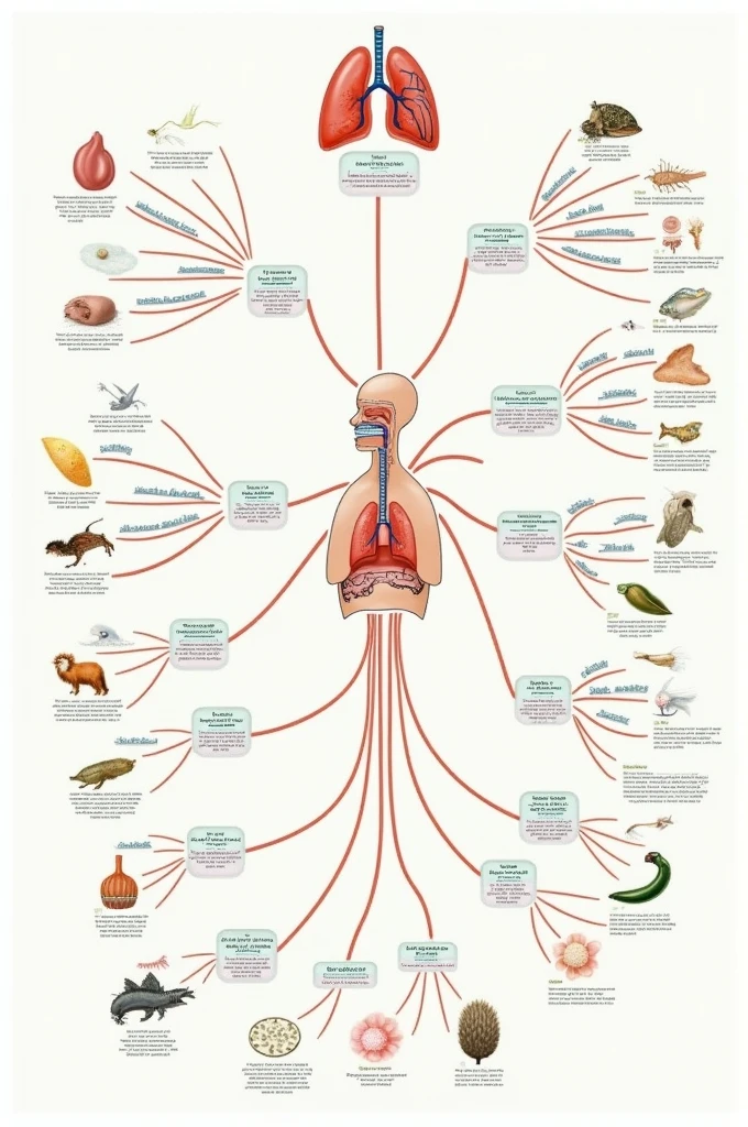 Create a mind map about direct breathing, Cutaneous, trachial, pulmonary and branchial, with examples