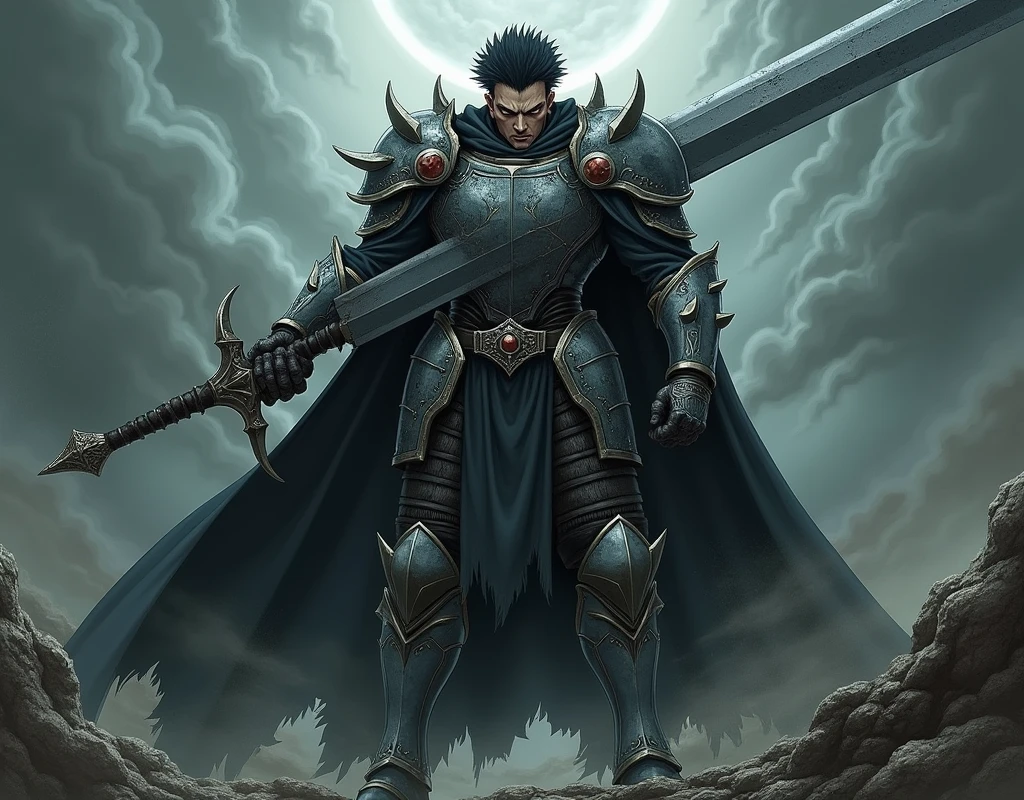 Berserk, guts, anime, really Big long sword, Slash, dark fantasy , Spike hair, knight armor, looking angry really angry


