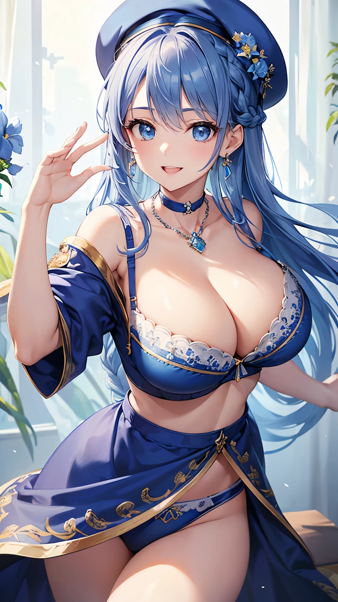 Highest quality、Highest quality、masterpiece、(8k resolution),beauty(Age 25)、(Mature Appearance)、Long Hair(Braiding of sides)、blue eyes、(Intricately embroidered underwear、bra)、Big cleavage、((Super big breasts))、smile、blue necklace、Blue Earrings、background(flower)、Please open your mouth wide、Dynamic pose、Blue choker、beret