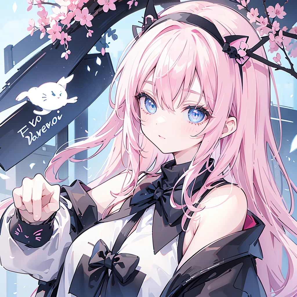 Girl with cat, Black Cat, Pink Hair，Blue Eyes, avatar