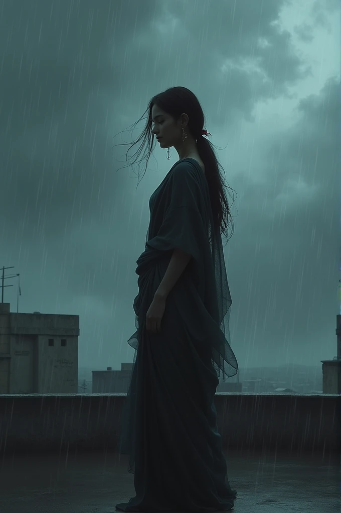 A girl in black shari standing on the roof when it raining and blacky weather
