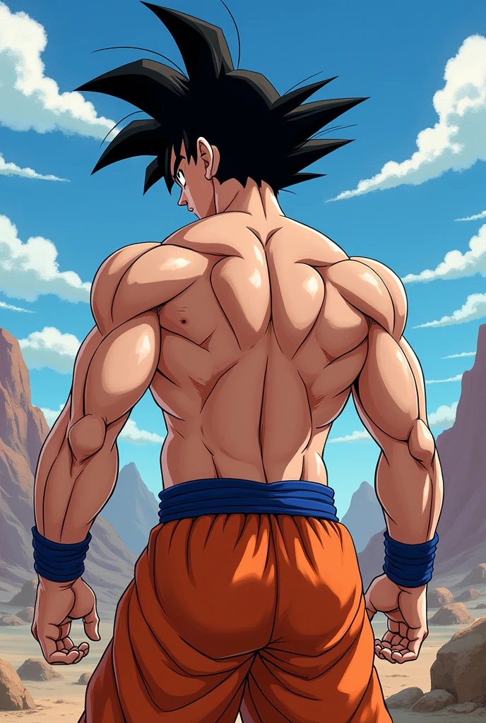 Goku turns his back, showing her back and showing her underwear