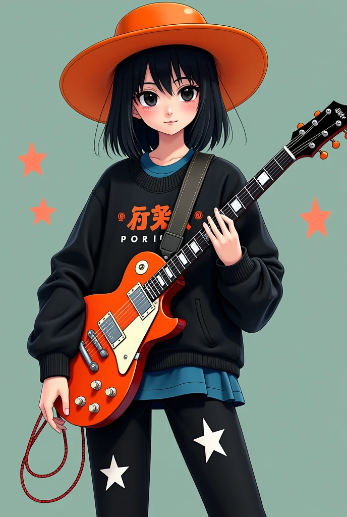 Character with an orange hat with black hair that has black eyes and a blue shirt with a guitar and a black sweatshirt with black pants with white stars and pale skin
