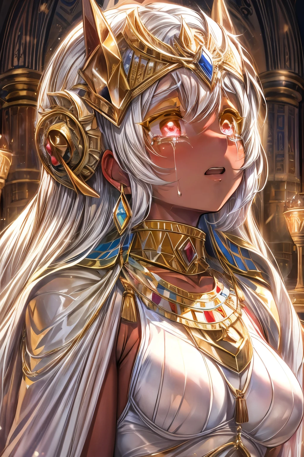 High resolution, masterpiece, Highest quality, Textured skin, Plump Skin, Glowing Skin, girl, Just One, Brown Skin, Tanned character, White Hair, White eyelashes, Small breasts, human, Royalty, Crescent-shaped earrings, Egyptian ornaments, Flying in the air, dress, armor, Rubber Suit, Low exposure, Anime-style illustrations, Sky, Are crying, Crying, sorrow, tears,