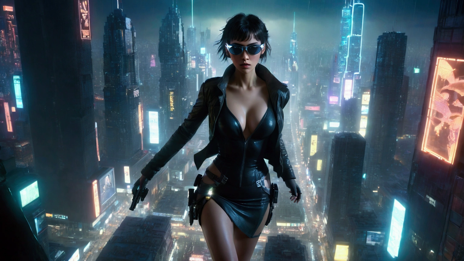 (Wide angle aerial view). Blade Runner inspired night city, simple outlined neon tall buildings, glowing ghost-like transparent iconic statue, helicopter, lightning, close-up glowing matrix cascading code, 3D rendering Beeple. At night, (1girl, solo, alone), photorealistic, large-breast slim:0.6 body, oval:0.5 face, cleavage:1.1, miniskirt, deep-v, (upskirt), glove, (Matrix style black micro sunglasses), (aiming viewer with a short gun), dynamic running pose, (half-body thigh level close-up shot), cinematic lighting, ray tracing, motion blur background.
