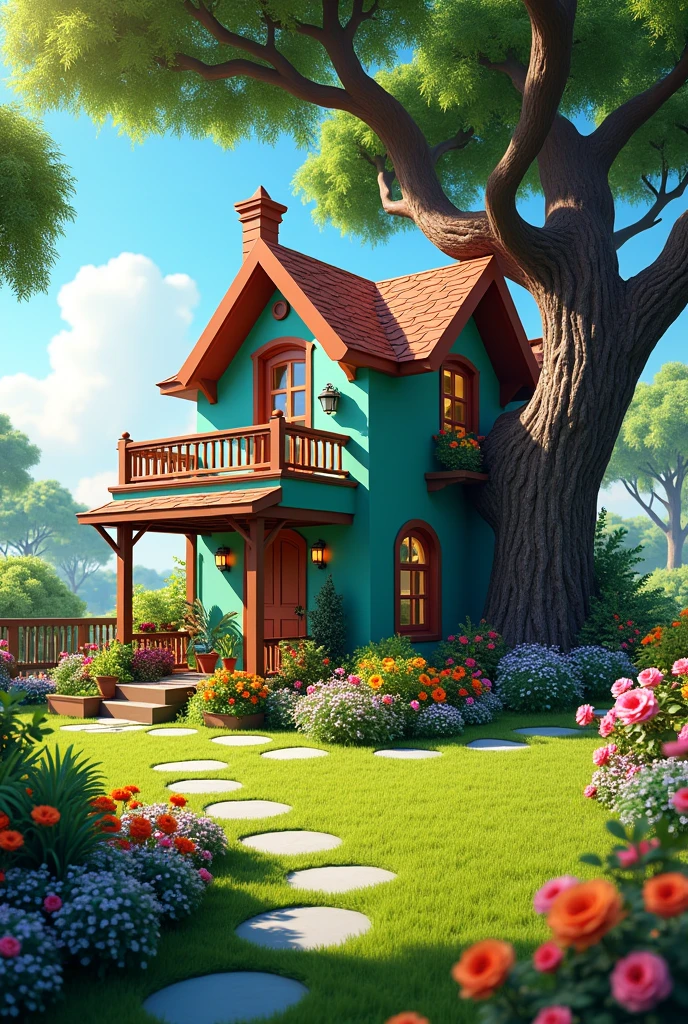 a house with bright and dark colors inside. abroad, would have aqua colored walls and windows with brown railings, I would have a large garden for grass and plants, and would have a backyard full of flowers and a tree for the treehouse.
