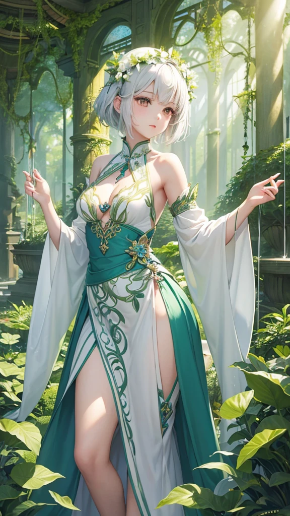 "Create a digital anime style illustration of a beautiful forest goddess。, Short White Hair. She should wear a detailed full-body white dress decorated with leaf and floral patterns., Perfect for a fantasy theme. The dress is designed to be easy to move in without exposing any skin..,  Cover with additional fabrics and natural elements such as leaves and vines. Characters should have an elegant and mature appearance, like fairies., Look around 2, A calm look with expressive eyes. There is a rich background, A mysterious forest woven with soft light and shining plants, Enhance the mystical atmosphere."