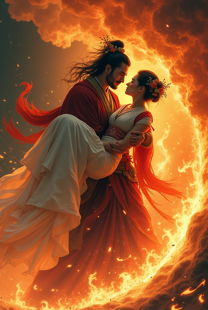 姫神様を抱き抱えて助けるshortage男神　The background is a sea of flames　Japanese mythology　shortage々Shii　Lying Serpent