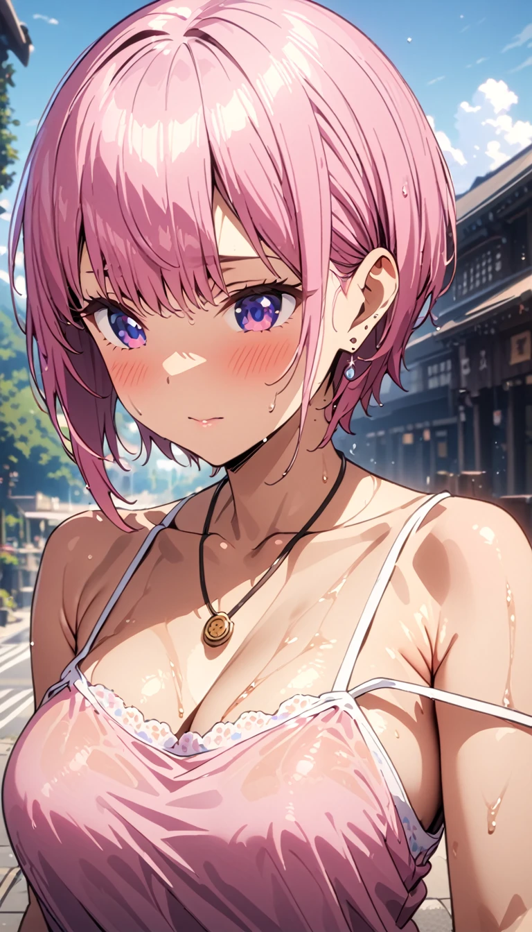 (Highest quality, 4K, 8k, High resolution, masterpiece:1.2), Very detailed, Picturesque, Animated Photography, Photo Animation:1.37)、Japanese schoolgirl、(Pink Hair)、(Pixie Cut)、wet camisole、strap slip、wet hair、Earrings、necklace、bracelet、Nakano Ichika
