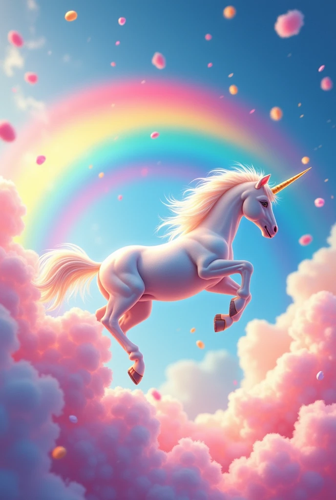 Unicorn flying in a sky of many vibrant and beautiful colors with a rainbow, lots of colorful nines inspired by lollipops and cotton candy