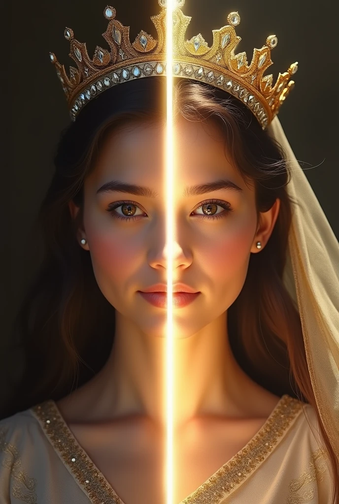 An image showing a woman in two distinct stages: On the left side, a simple and discreet young woman, representing Hadassah, in a darker or neutral environment. on the right side, the same woman, now transformed, with a crown and dressed like a queen, representing Esther, in a brilliant and majestic setting. in the middle of the image, a beam of light or a soft glow can symbolize transition and God&#39;O timing dela.

This image visualizes the transformation message, highlighting the process of 