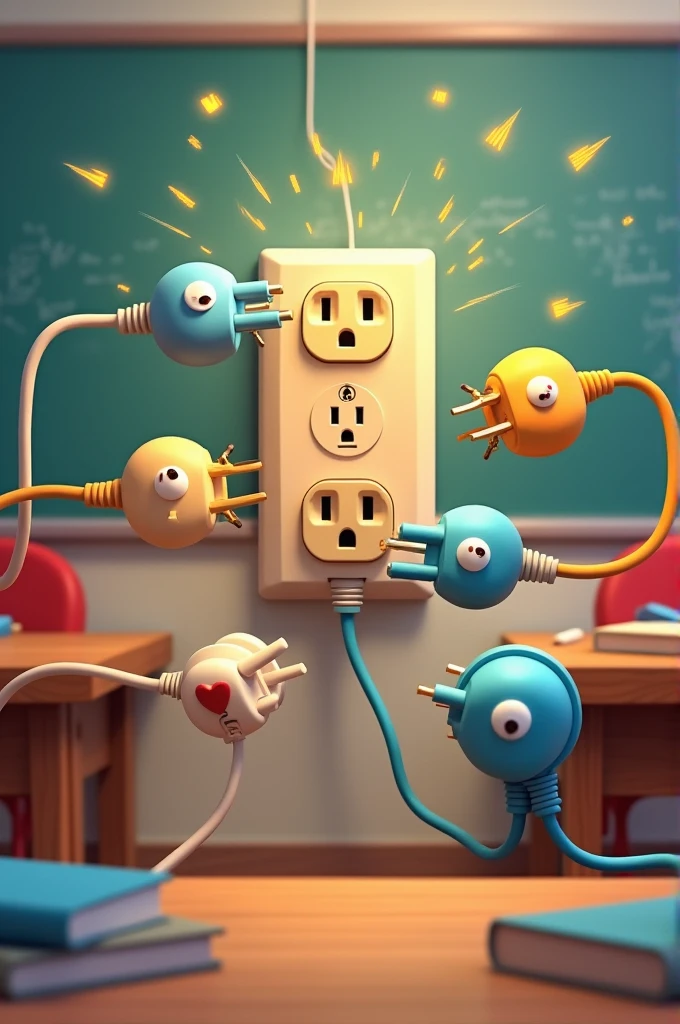 Animated image of several plugs connected to a single outlet in a classroom