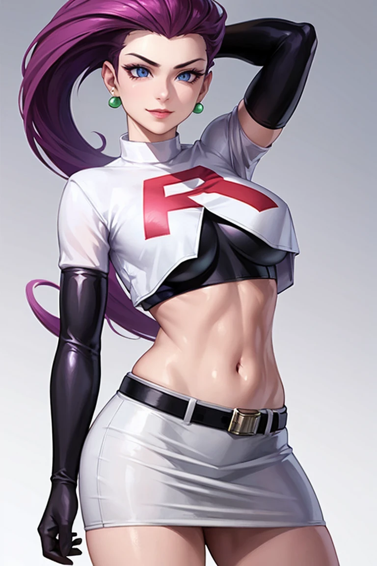 masterpiece, Stunning realistic, Best Quality, sharpness, 1 girl ,pokemon jessie, Alone, Team Rocket, gloves, slicked back hair, by the wide, jewelry, Skirt, belly button, thighs, earrings, elbow gloves, Team Rocket uniform, crop top, blue eyes, diaphragm, White background, belt, black gloves, very by the wide, simple background, smile, black thighs, purple hair, looking at the viewer, old, white Skirt, miniSkirt,large old,standing in a city,arms behind head ,shirt lift and pants pull up,(shirt lift:1)cute bra