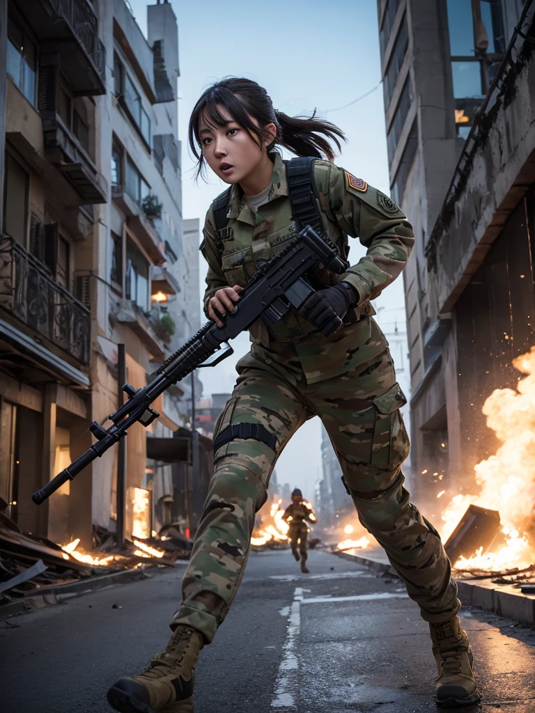 Female soldier running with machine gun fighting in a city completely destroyed by war,Heavy breathing,There&#39;s an explosion behind me,