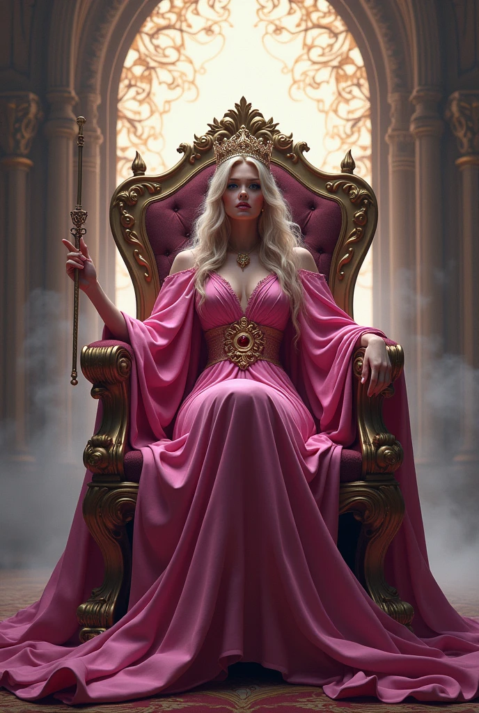 a woman dressed as a sorceress, long pink robe. with a setro in her hand, with her crown on her head, perched on a beautiful throne, behind her she has a portal open to another dimension.