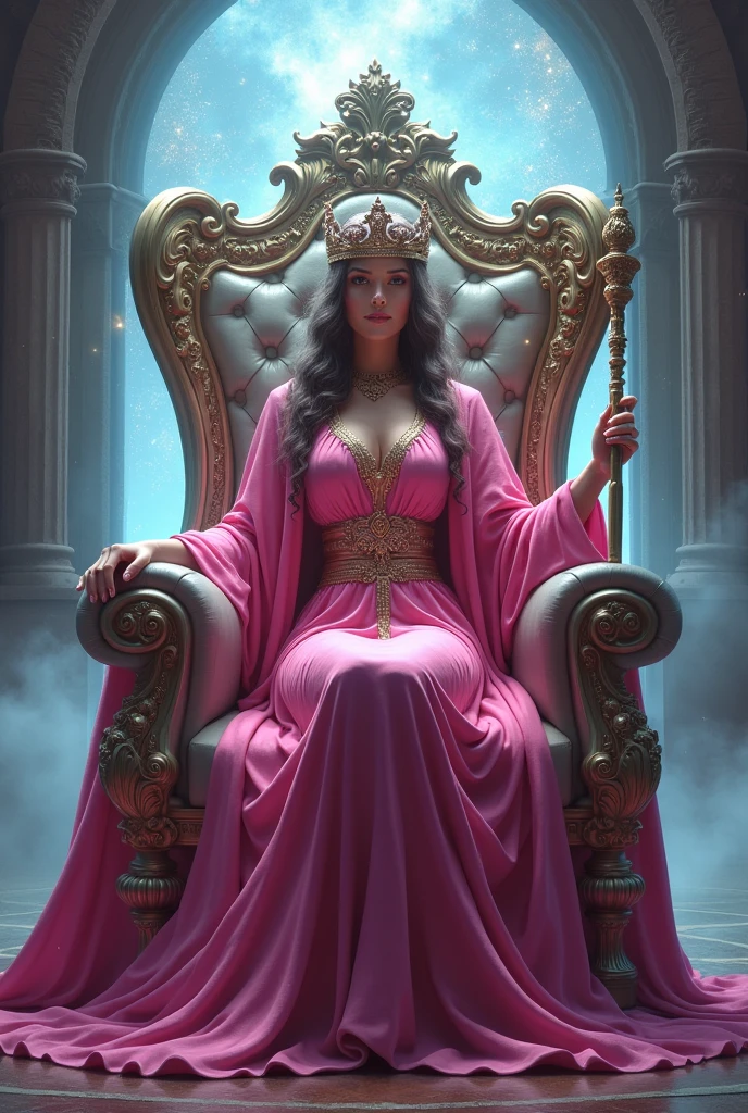 a woman dressed as a sorceress, long pink robe. with a setro in her hand, with her crown on her head, perched on a beautiful throne, behind her she has a portal open to another dimension.