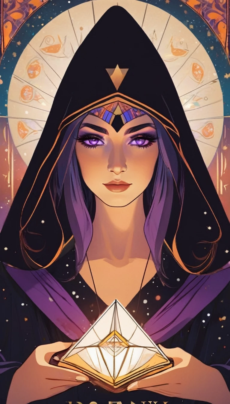 A poster promoting fortune telling using tarot cards in a triangular tent. Beautiful young fortune teller in a black robe、The face is drawn with lines from the cheeks to the nose.. Colorful spots on eyebrows、Bohemian style、Mysterious atmosphere、Almost purple、Leave one space/3 text spaces、Tarot cards poster.
Fine Art: destiny