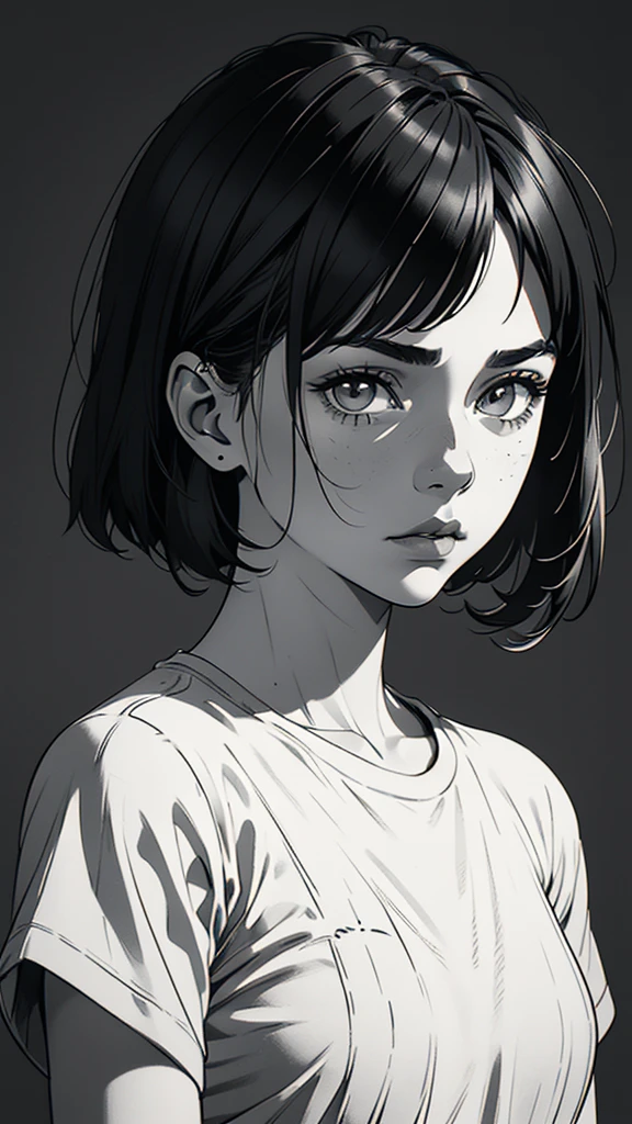 1 boyish girl, solo, sharp eyes, monochrome, greyscale, short black hair, portrait, white T-shirt, Thin eyebrows, closed mouth, looking at viewer, graphite \(medium\), detailed lips, hatching \(texture\), without makeup, bangs, upper body, (best illustration), (best quality), (very detailed), (masterpiece), expressionless,
