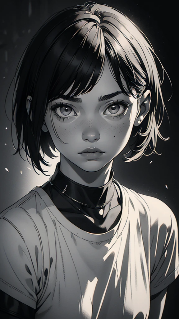 1 boyish girl, solo, sharp eyes, monochrome, greyscale, short black hair, portrait, white T-shirt, Thin eyebrows, closed mouth, looking at viewer, graphite \(medium\), detailed lips, hatching \(texture\), without makeup, bangs, upper body, (best illustration), (best quality), (very detailed), (masterpiece), expressionless,