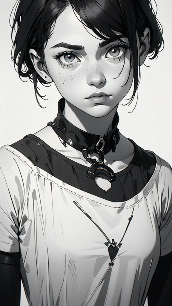1 boyish girl, solo, sharp eyes, monochrome, greyscale, short black hair, portrait, white T-shirt, Thin eyebrows, closed mouth, looking at viewer, graphite \(medium\), detailed lips, hatching \(texture\), without makeup, bangs, upper body, (best illustration), (best quality), (very detailed), (masterpiece), expressionless,