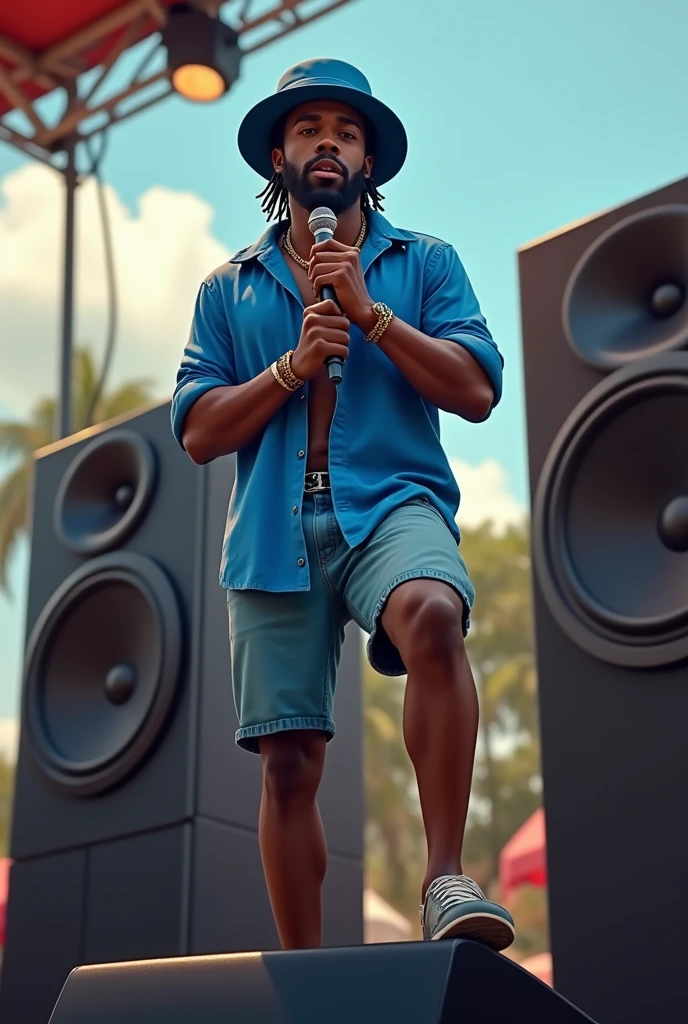 Full Body of a Caribbean Black Man with a soft haircut with olive skin,
Dancehall Music Singer, Blue Color bucket Hat, a blue shirt, taking a singing position with one microphone in his Hand,one feet on a woofer, against two soundsystem subwoofers as if he is singing in reality, People are watching him, summer clothes, bokeh background, caribbean outdoors background, attire,3D effect through expert shading, smooth textures, vivid colors, Hourglass Shape,16k, digital art