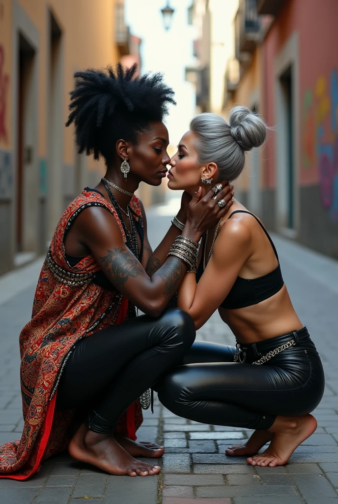 Three russian old milf women: the strong, muscular , dominant dark skinned gipsy woman (black afro, long african traditional colourful tunic, barefoot), squatting with possessive stance (arms around her two girlfriends' necks). At her feet, lying on the ground,her two caucasian girlfriends groping and kissing each other, weak, light grey hair, submissive and needy, feeling defeated and needy, in laid back postures with hands touching their thongs or their necks or chest, looking at each other with open mouths, arched back, different clothes but all wearing clothes in rock chic style. grey hair (bouffant, top bun, shaved sides). Big lips. Black lace push up bras, silicone breasts,, low rise skinny leather jeans. Both Barefoot.. Lots of thick wide studded bracelets, chain necklaces and big rings,. Long earrings with chains and feathers. Chains around their hips. Lounging lazily on the ground with bended knees, separated legs and arched backs. Lazy, leaning back, laid back pose, separated legs. Neck tattoed, chest tattoed, stomach tattoed, feet, hands, arms and wrists heavily tattoed. Toned abdominals, thin neck, slim legs and thin arms. Narrow hips. Both, open legs. Full body. At a Madrid narrow street with graffitied walls.
