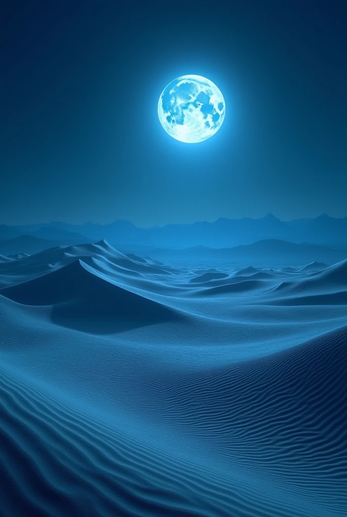 Vast desert night、The full moon bathes the sand dunes in a pale blue light.。Wind-made sand patterns emerge in the moonlight、There's a mysterious silence in the wilderness。Mountains in the distance々becomes a silhouette、It creates a fantastic landscape。