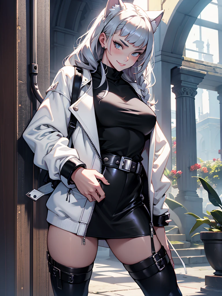 beautiful young female warrior fighter with cat ears on her head, with a very detailed and beautiful face, beautifuleyes, beautifuleyes, gorgeous face, beautiful young woman wearing long black leggings with black details, short mini skirt, wearing black leather jacket, standing in a castle, wearing black boots, long hair with black bangs, ,Cat's ears, beautiful smile, tomboy, a little muscular,white sweater with strap around, serious look,wearing black leather jacket, with silver shoulder pads, leather jacket