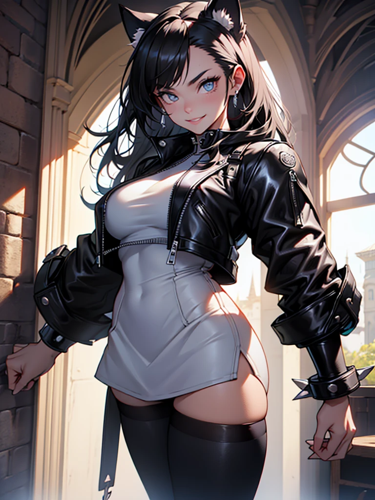 beautiful young female warrior fighter with cat ears on her head, with a very detailed and beautiful face, beautifuleyes, beautifuleyes, gorgeous face, beautiful young woman wearing long black leggings with black details, short mini skirt, wearing black leather jacket, standing in a castle, wearing black boots, long hair with black bangs, ,Cat's ears, beautiful smile, tomboy, a little muscular,white sweater with strap around, serious look,wearing black leather jacket, with silver shoulder pads, leather jacket