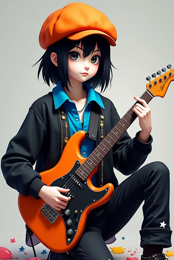 Character with an orange hat with black hair that has black eyes and a blue shirt with a guitar and a black sweatshirt with black pants with white stars and pale skin