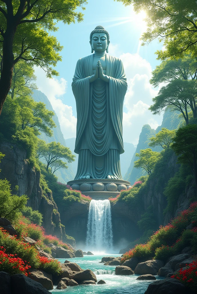 "Creating award-winning, This masterpiece shows a huge low-angle view of, Majestic Buddha statue. This statue towers into the sky,, Radiates an aura of tranquility and wisdom,, Its grandeur is accentuated by its low viewing angle,. Sunlight filtering through surrounding trees,, Creating the beautiful Tyndall effect,The light illuminates the statue,, And the soft reflection of the sun enhances its sacred presence,.
The environment around the Buddha statue is lush and green,Vibrant,, Blooming flowers,, Added a touch of color,. High target, Elegant trees frame the scene,, The leaves sway gently in the breeze. A waterfall cascades down nearby,, The sparkling water adds a soothing touch, Adds an element of tranquility to the composition,.
This low-angle perspective should emphasize the Buddha's enormous size and majesty.,, Make it the undeniable focus of the picture。. Fusion of light,, nature, Water creates amazing, This visually pleasing masterpiece captures the overwhelming majesty and tranquility of the setting。."