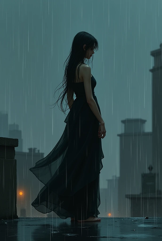 A girl in black shari standing on the roof  when it raining 
