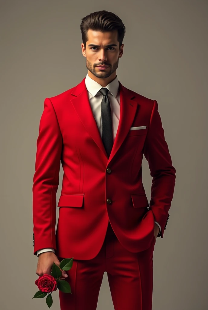 Image of Thiago Fisch wearing a red suit and a rose in his hand