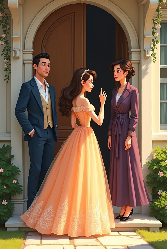  in a dress knocking on a door while her parents wait behind her dressed in an elegant cartoon style