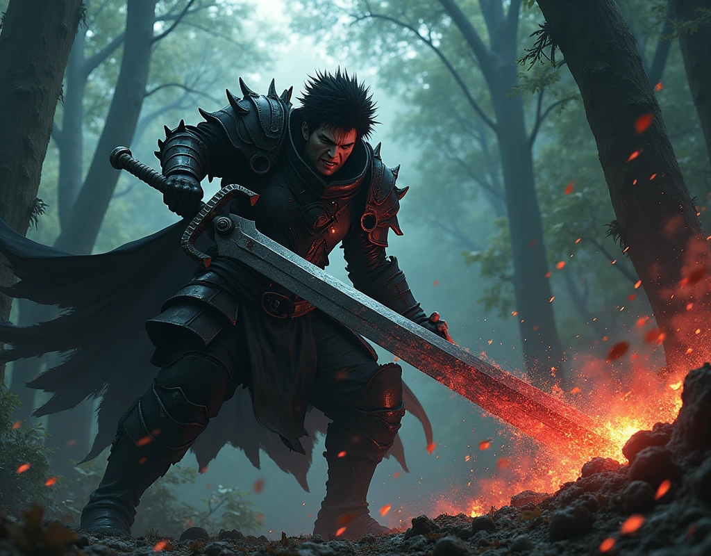 Berserk, guts, anime, really Big long sword, Slash, dark fantasy , Spike hair, berserker armor, looking angry really angry, forest 



