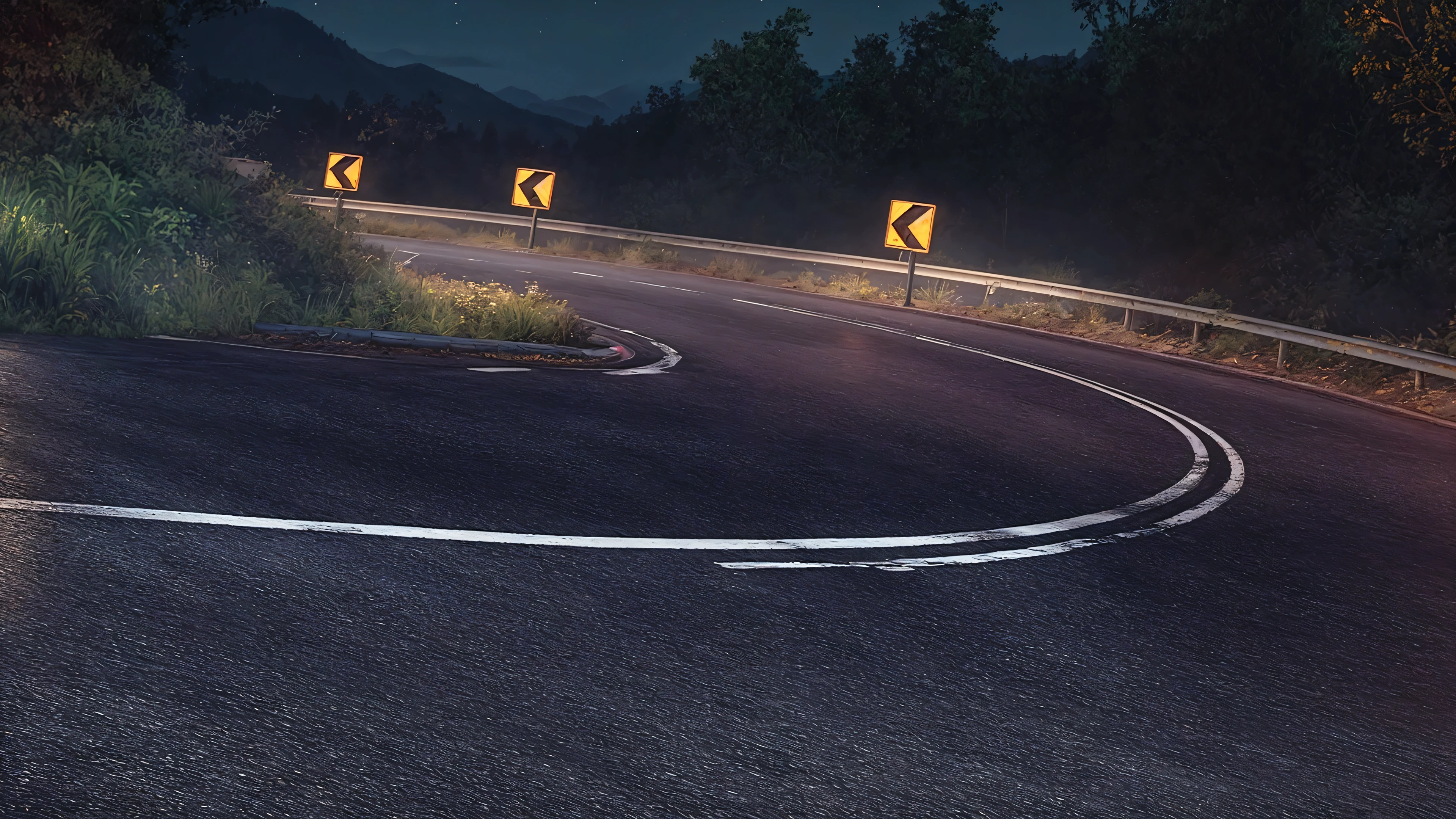 A picture of a highway at night, a need for speed highway scene, a highway without cars, asphalt road, a large angle curve, a highway guardrail, a hillside and green plants on the right side of the road, clear mountain texture, green plants on both sides of the road, hillsides, more road details, real road texture, real road texture, asphalt road texture, game background, 8k ultra-clear, UE5 rendering, light and shadow rendering, 3D rendering,photo-realistic low lighting, Game Engine Lighting, Detailed textures and lighting, Edge light wlop, Realistic scene, Cinematic lens, Rendering in Lumion, Game image,