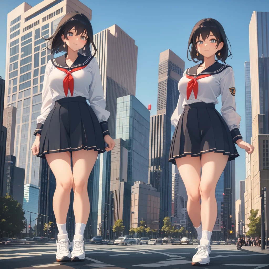  ((Two giant high school girls standing on the road) ) Composition seen from below, true sunset, sunset, evening, masterpiece Anime style Delicate painting 4K 90's Huge Multiple crowd Crowd in a big city Lots of people ) (( Sailor Uniform)) ((School Uniform)) ((Big City)), ((Tokyo Akihabara Electric Town)), Big Breasts, High School Girl, Transparent Costume, Sweaty, Splashes, Sneakers, Watch, Black Hair, Smile, Female Titan Giant Girl Full Body Crowd Unreal Engine, Cleavage, Image, Earrings, Cute Photo, Beauty, Analog Style, Full Body, Sneakers, GTS, Giant Female Giant, Building Valley Girl, Skyscraper City, Big City, GTS , Giant Female Titan,